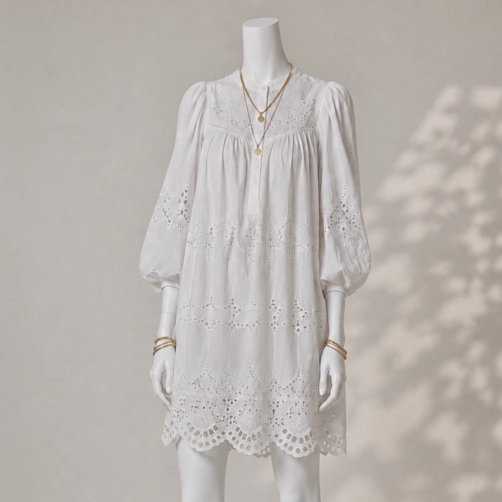 Universal Thread White Eyelet Dress Womens Small Long Sleeve Cotton Mini Boho